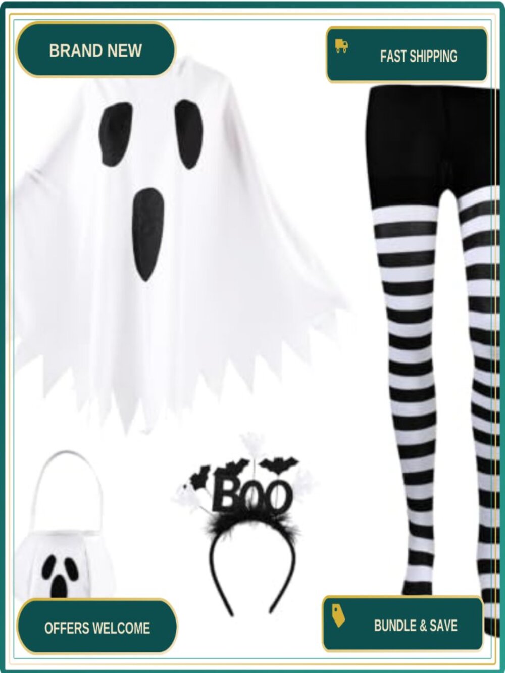 4Pcs Ghost Poncho Costume Set Adult with Headband, Candy Bag, Striped Tights
